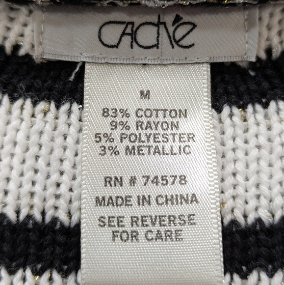 Vintage Cache Black White Striped Gold Long Sleeve Fringe Cardigan Sweater M - Picture 8 of 9